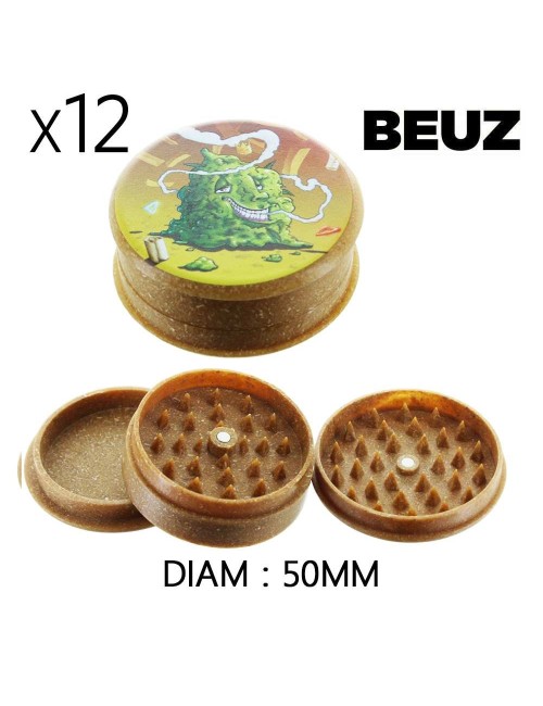 Packung mit 12 biologisch abbaubaren braunen Hanf-Grinders Beuz Buds 50mm