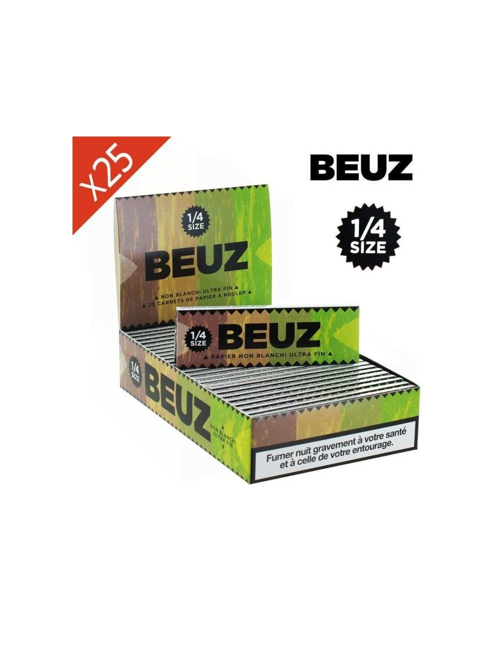 25 ağartılmamış 1/4 BEUZ sigara kağıdı kitapçığı içeren kutu