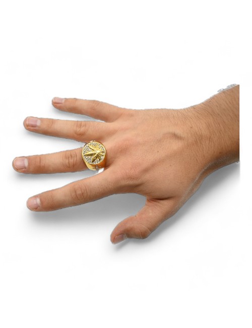 Kenevir Yaprağı ve Taş Süslemeli Altın Rengi Mühür Yüzüğü